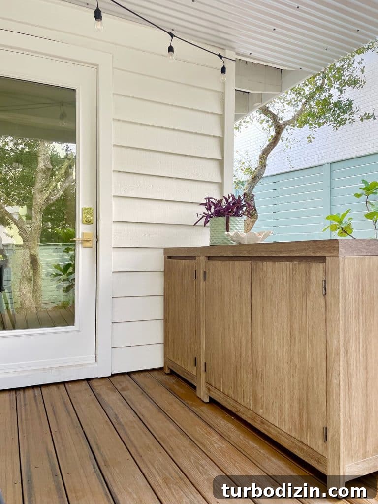 Close Up Of West Elm Portside Outdoor Cabinets Placed Outside Kitchen Door
