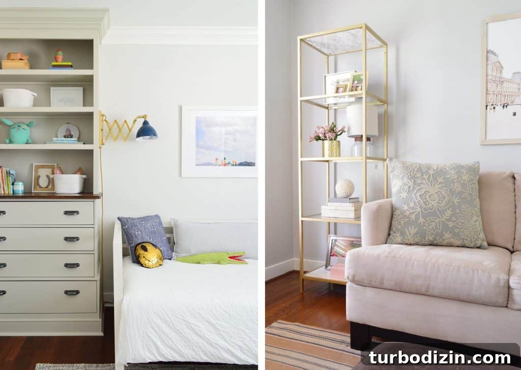 Make an Ikea PAX Wardrobe Look Like a Built-In Closet 16 Side by side of built in book case Ikea Hack and brass spray painted glass shelf