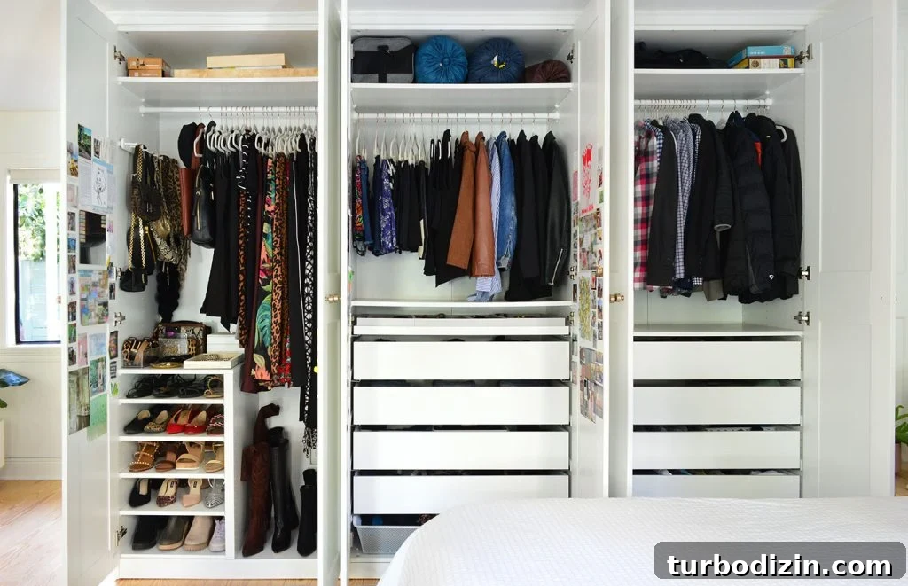 Make an Ikea PAX Wardrobe Look Like a Built-In Closet 5 Wall of Open Ikea Pax Wardrobe Closets With Men And Womens Closets