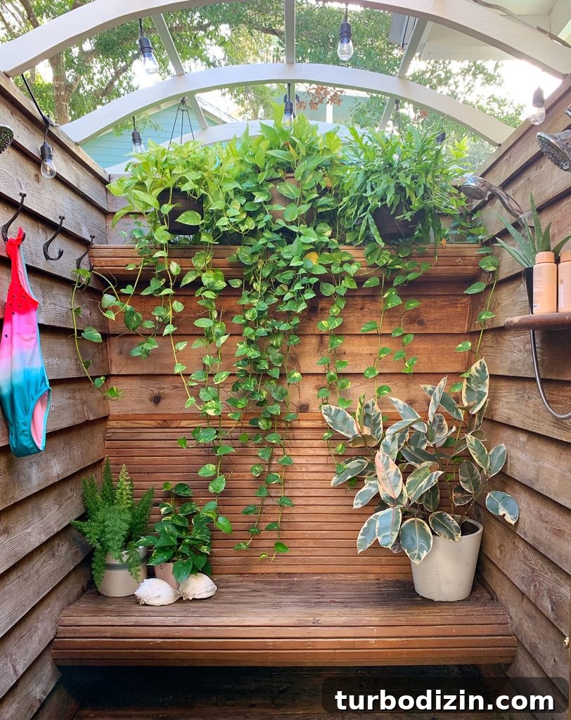 How Four People Share One Bathroom: Practical Tips That Work 5 Wood Slatted Outdoor Shower With Cascading Hanging Plants