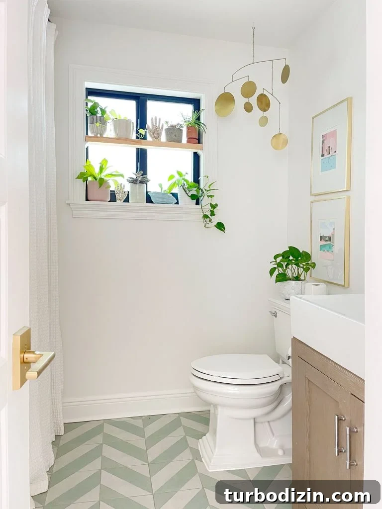 Modern White Bathroom With Mint Chevron Floor And DIY window plant shelf