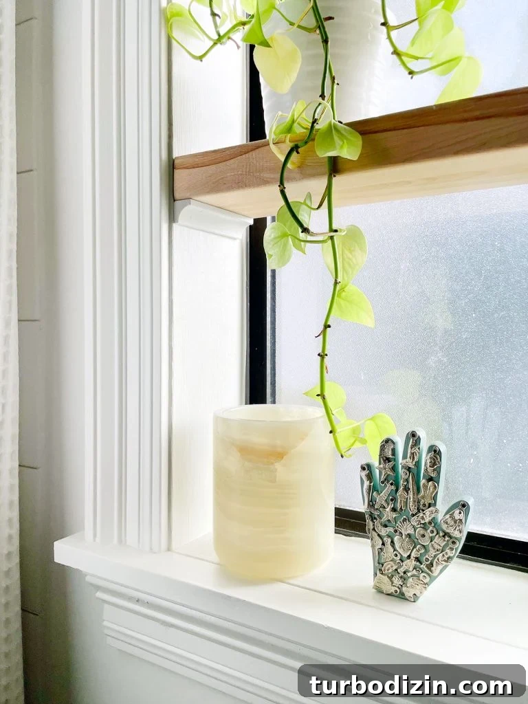 Right Side Of Bathroom Shelf In Window Made With Butcher Block