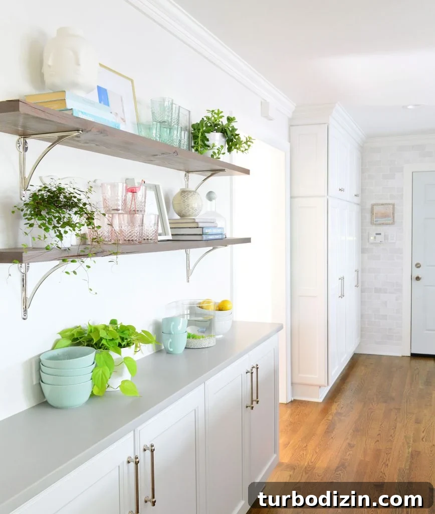17 Creative DIY Shelf Ideas to Upgrade Any Room 17 Reclaimed Wood Shelves With Polished Nickel Brackets In White Kitchen