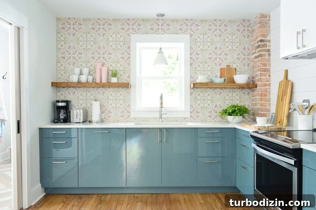 17 Creative DIY Shelf Ideas to Upgrade Any Room 4 Duplex Kitchen With Blue Cabinets And Pink Patterned Backsplash