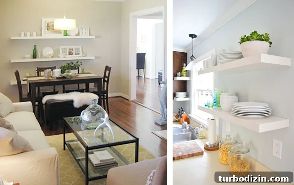17 Creative DIY Shelf Ideas to Upgrade Any Room 5 Side by Side of White Ikea Lack Shelves In Dining Room And Kitchen
