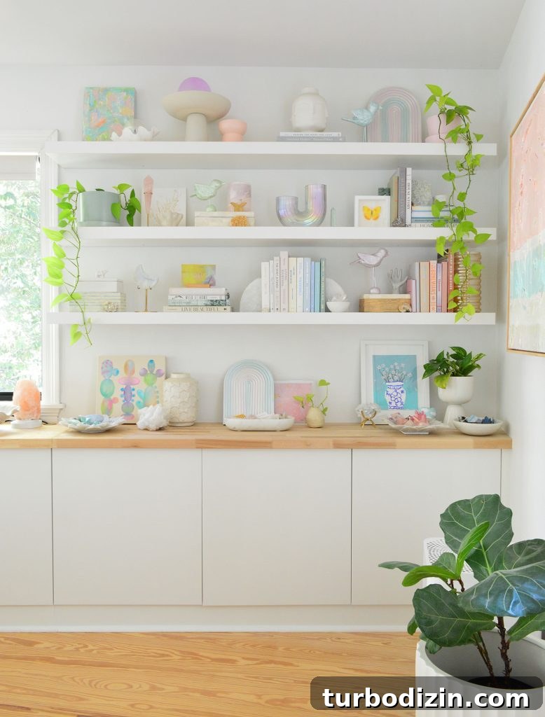 17 Creative DIY Shelf Ideas to Upgrade Any Room 6 White Ikea Lack Shelves Styled With Beachy Books And Butcher Block Counters