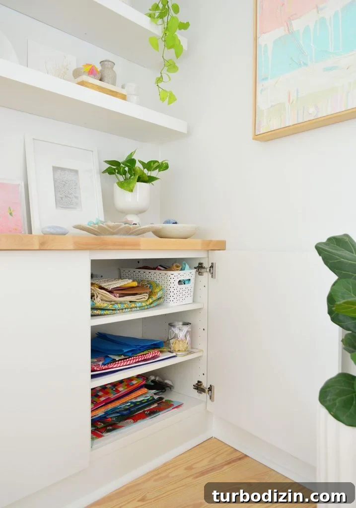 Open Besta Cabinet Under Floating Shelves With Gift Wrap Storage