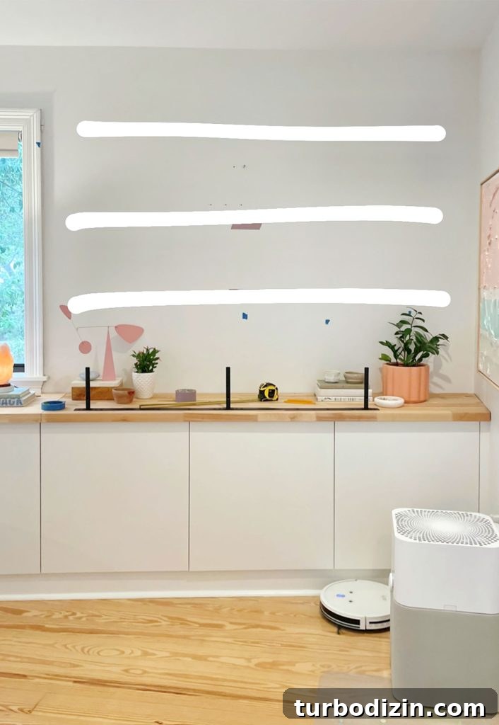 Mock Up Of Ikea Lack Shelves Floating over Besta Counter