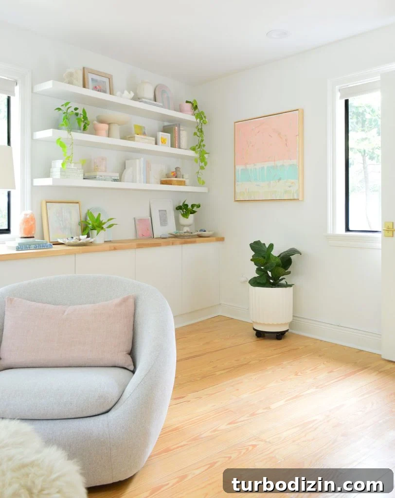 Corner View Of Bedroom With Ikea Display Shelves Floating Above Butcher Block Counter