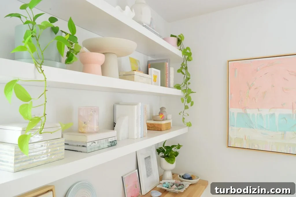 Side View of Three Ikea Lack Floating Shelves With Modern Pink Painting