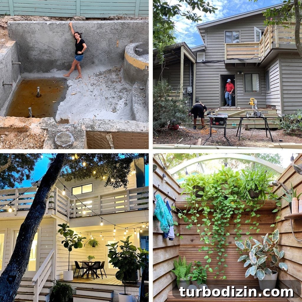 How We Transformed and Doubled Our Backyard Pool Area Space 15 Grid of Four Images Pool Under Construction Exterior Of House Getting Painted FInished Porch With Lights and Outdoor Shower With Plants