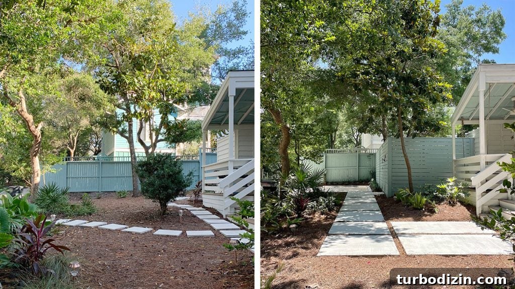 Side by Side Of Walkway Before And After With New Paver Pathway