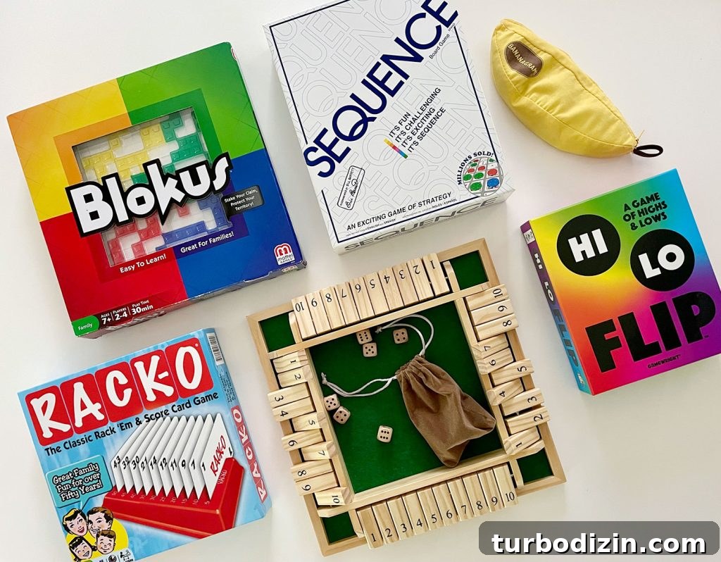 Top Family Board Games for Fun Nights With Kids 15 Best Easy To Learn Board Games Blokus Sequence Bananagrams Racko Shut The Box Hi Lo Flip