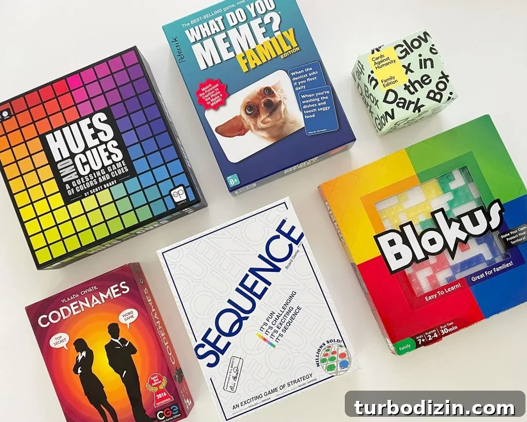 Top Family Board Games for Fun Nights With Kids 8 Best 4 Person Board Grames Hues And Clues What Do You Meme Family Cards Against Humanity Family Codenames Sequence Blokus