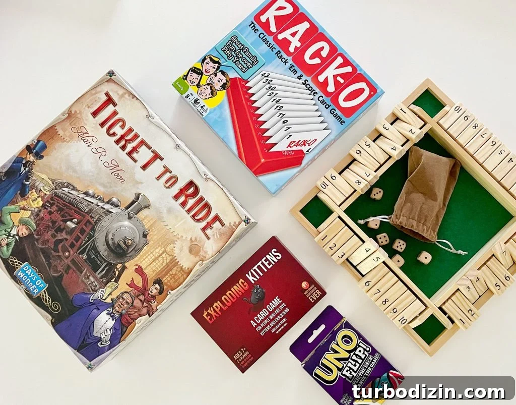Top Family Board Games for Fun Nights With Kids 10 Best 2 or 3 Person Board Games Ticket To Ride RackO Shut The Box Exploding Kittens Uno Flip