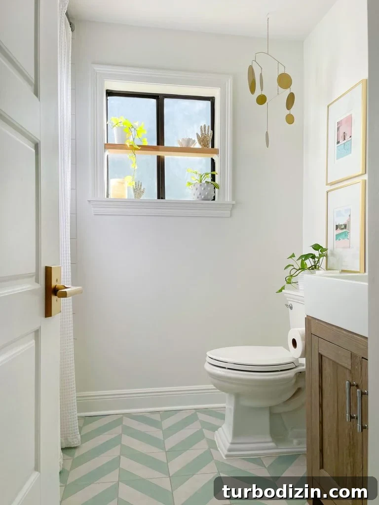 Episode 183: What’s Next, House Vibes, and Another Awkward Moment 8 Modern White Bathroom With Mint Chevron Floor And Floating Wood Shelf In Window