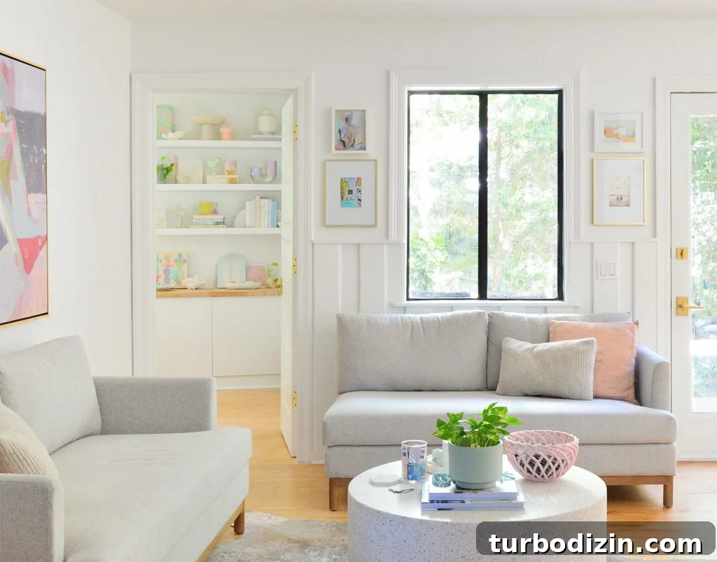 Sitting Area With Loveseats And Doorway Intro Bedroom With Colorful Shelves