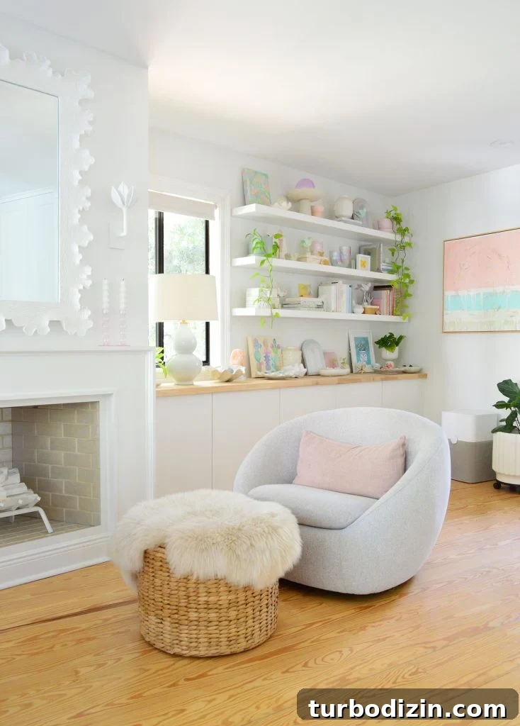 West Elm Swivel Chair In Beachy Bedroom With Ikea Lack Shelves In Background
