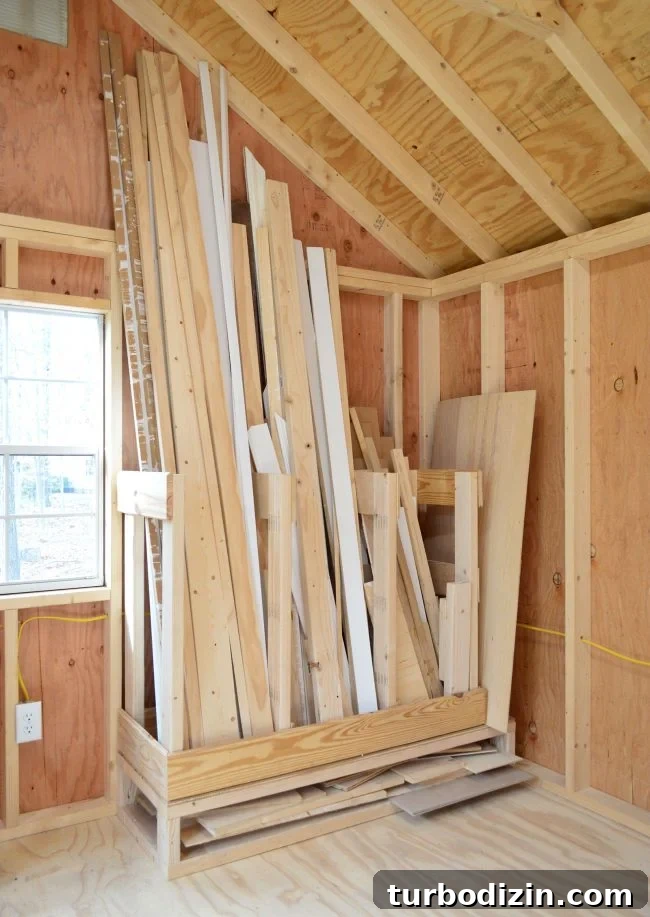 scrap wood storage system in unfinished shed