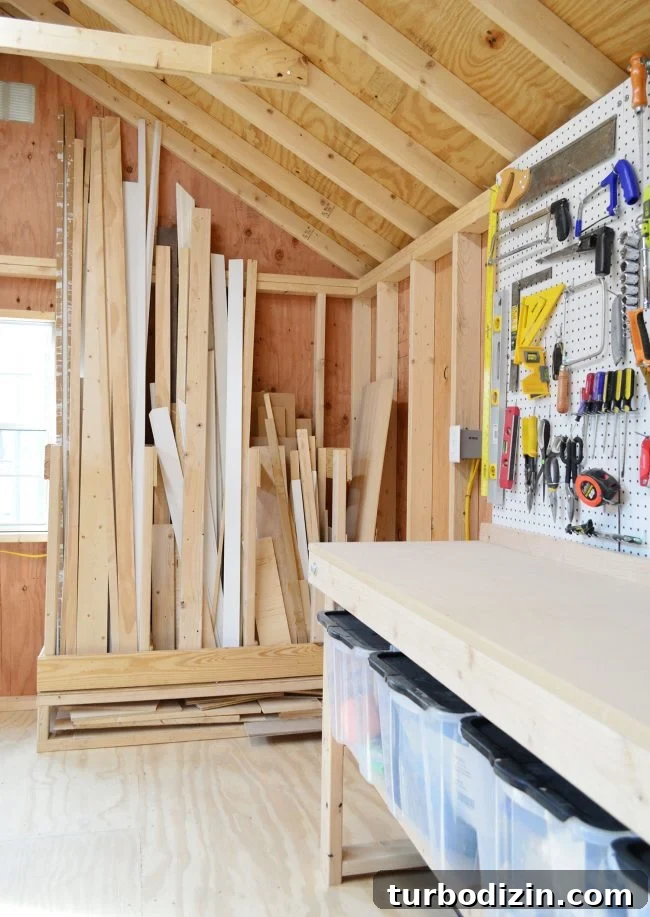 finished scrap wood storage organizer in shed