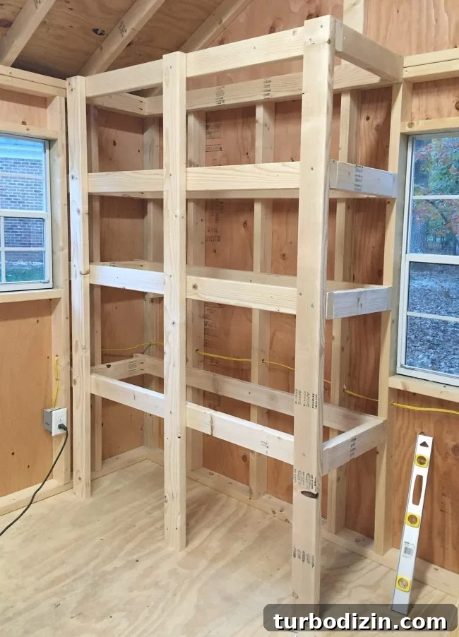 DIY Garage Shelving: Step-by-Step Guide to Build Sturdy Shelves 11 heavy duty wood garage shelving before plywood tops are applied