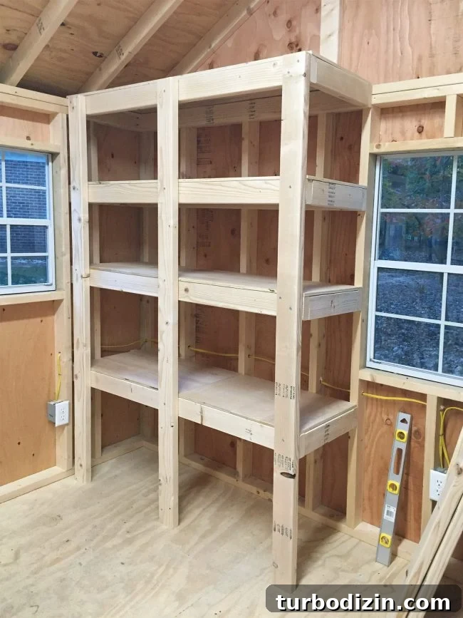 DIY Garage Shelving: Step-by-Step Guide to Build Sturdy Shelves 12 finished DIY garage shelves with three vertial supports