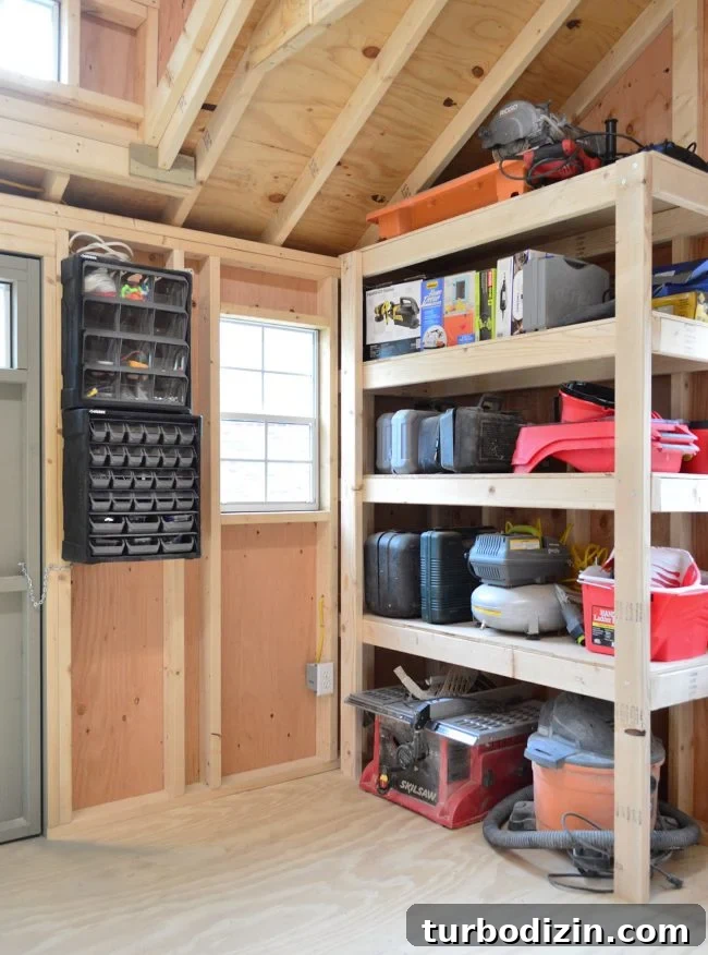 DIY Garage Shelving: Step-by-Step Guide to Build Sturdy Shelves 14 heavy duty garage shelves in shed with tools
