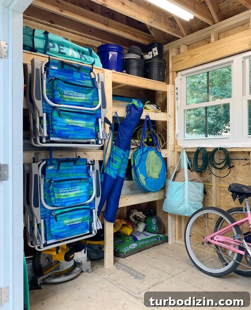 DIY Garage Shelving: Step-by-Step Guide to Build Sturdy Shelves 15 Heavy duty shelves for beach house shed with beach chairs hung on front