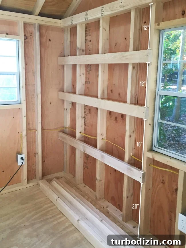 DIY Garage Shelving: Step-by-Step Guide to Build Sturdy Shelves 5 wood shelf supports attached to shed wall for DIY garage shelves