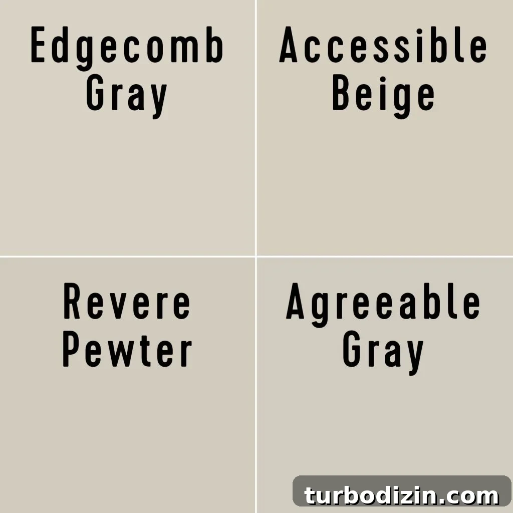 Benjamin Moore Edgecomb Gray: A Timeless Greige for Any Room 16 Swatches Of Edgecomb Gray Accessible Beige Revere Pewter Agreeable Gray Side By Side