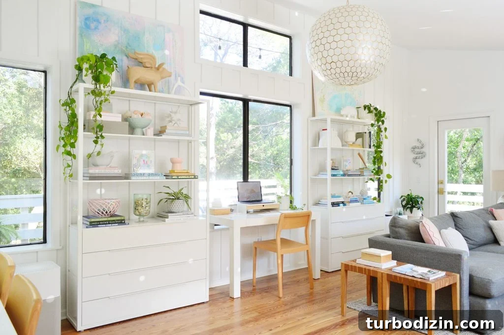 Sherwin-Williams Pure White SW 7005: Ideal Whole-House Paint Color 2 Living Room With Plant Shelves And Sherwin Williams Pure White Paint