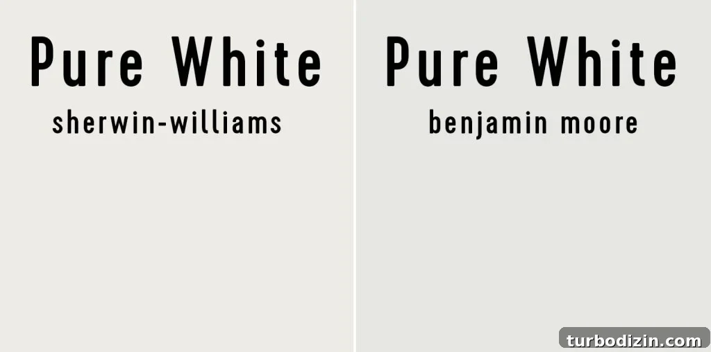 Sherwin-Williams Pure White SW 7005: Ideal Whole-House Paint Color 12 Side by side of Sherwin-Williams Pure White and Benjamin Moore Pure White