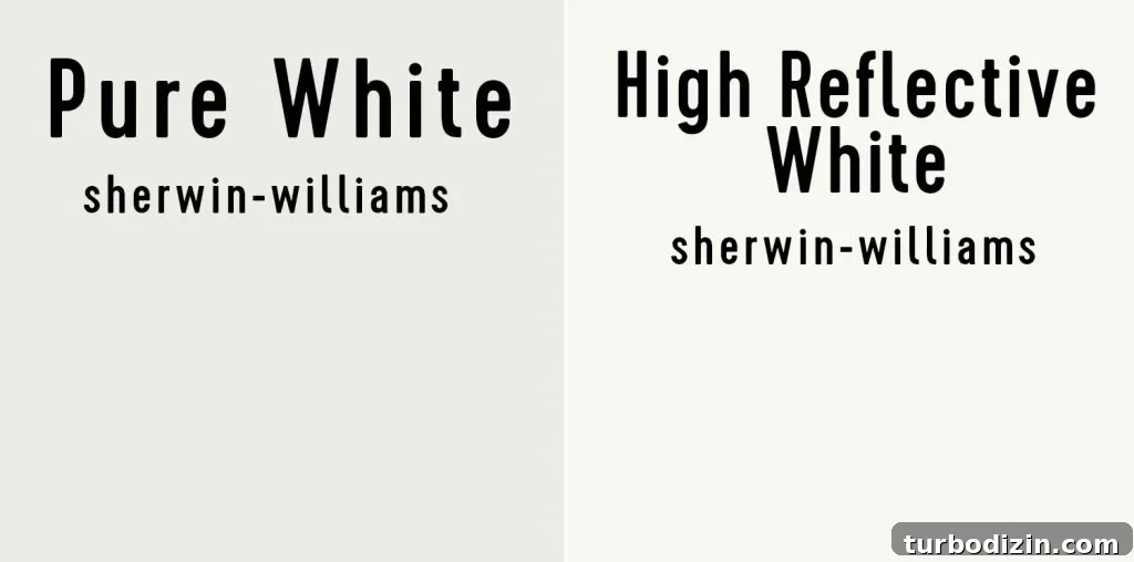 Sherwin-Williams Pure White SW 7005: Ideal Whole-House Paint Color 14 Side by side of Sherwin-Williams Pure White and High Reflective White