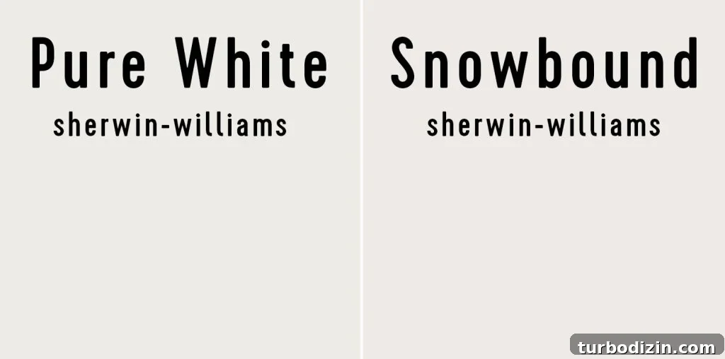 Sherwin-Williams Pure White SW 7005: Ideal Whole-House Paint Color 15 Side by side of Sherwin-Williams Pure White and Snowbound