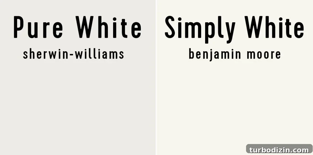 Sherwin-Williams Pure White SW 7005: Ideal Whole-House Paint Color 16 Side by side of Sherwin-Williams Pure White and Benjamin Moore Simply White