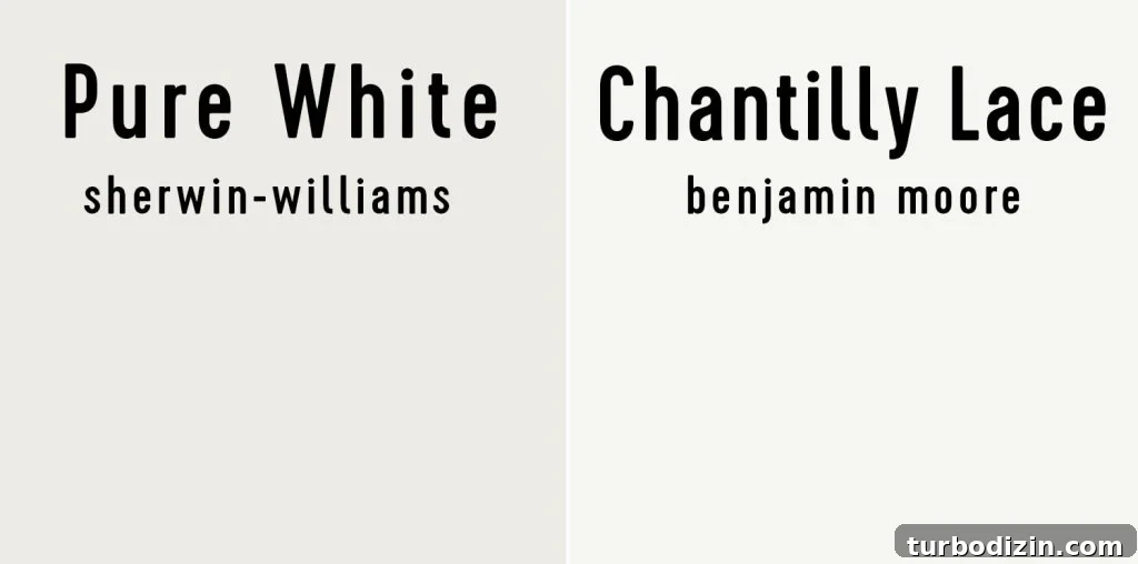 Sherwin-Williams Pure White SW 7005: Ideal Whole-House Paint Color 17 Side by side of Sherwin-Williams Pure White and Benjamin Moore Chantilly Lace