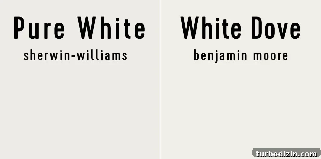 Sherwin-Williams Pure White SW 7005: Ideal Whole-House Paint Color 18 Side by side of Sherwin-Williams Pure White and Benjamin Moore White Dove