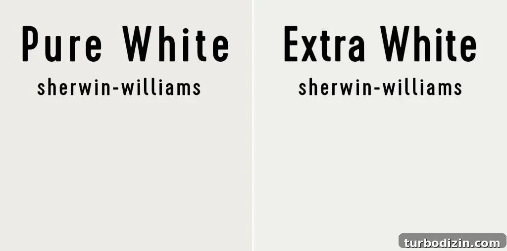 Sherwin-Williams Pure White SW 7005: Ideal Whole-House Paint Color 19 Side by side of Sherwin-Williams Pure White and Benjamin Moore Extra White