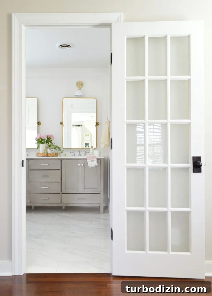 Benjamin Moore Simply White OC-117: In-Depth Color Review 12 White Painted Glass Paned Door To Marble Bathroom