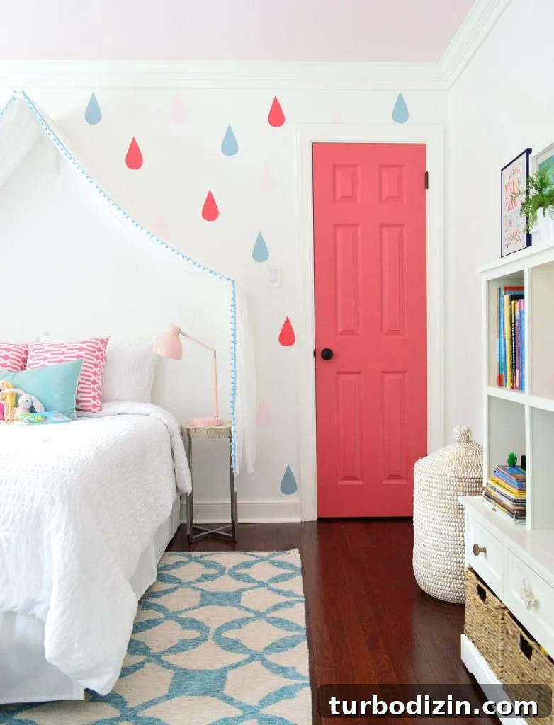 Benjamin Moore Simply White OC-117: In-Depth Color Review 7 Colorful Little Girls Bedroom With Raindrop And Pink Door On Simply White Walls