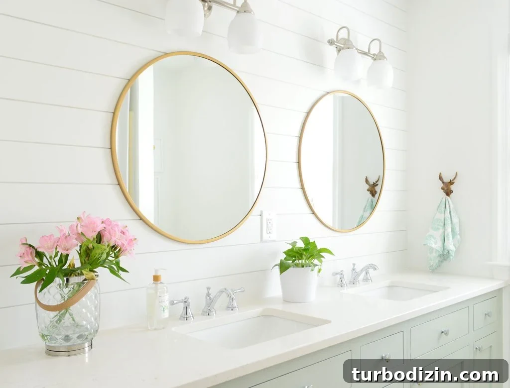Bathroom With Extra White Shiplap Walls And Green Cabinets