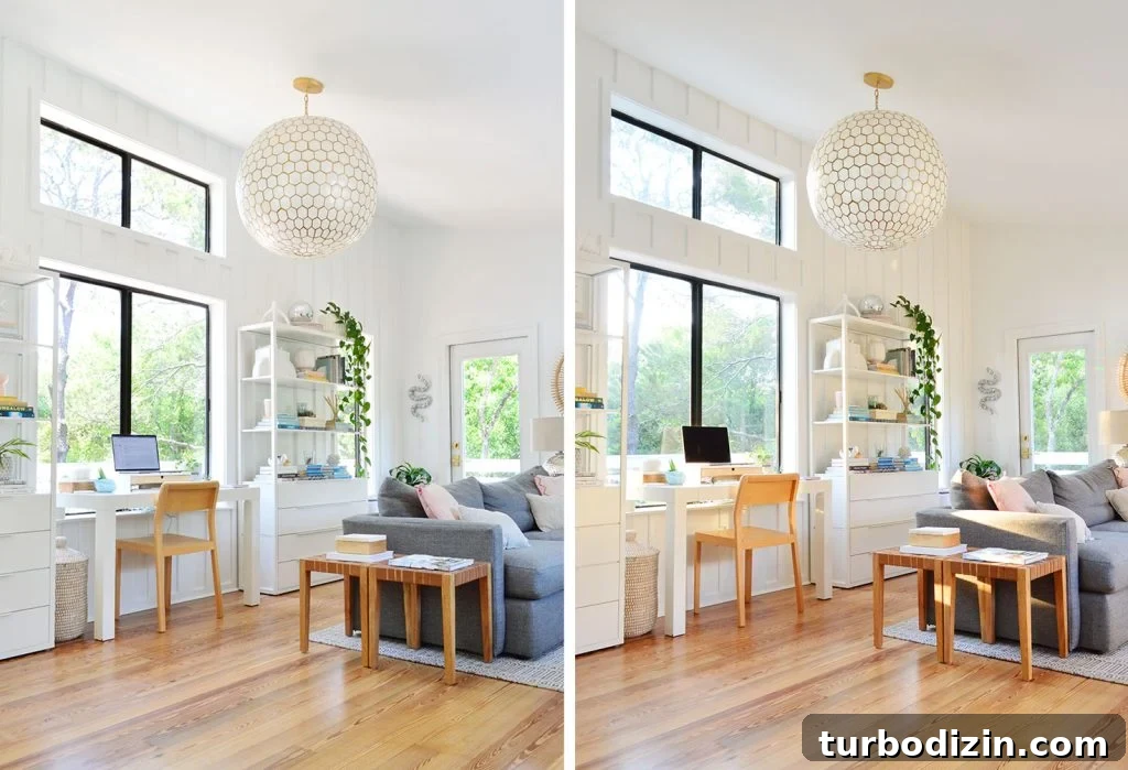 12 Expert-Recommended White Paint Colors for Every Room 11 Side by Side of SW Pure White In Bright Light vs Sunset Light