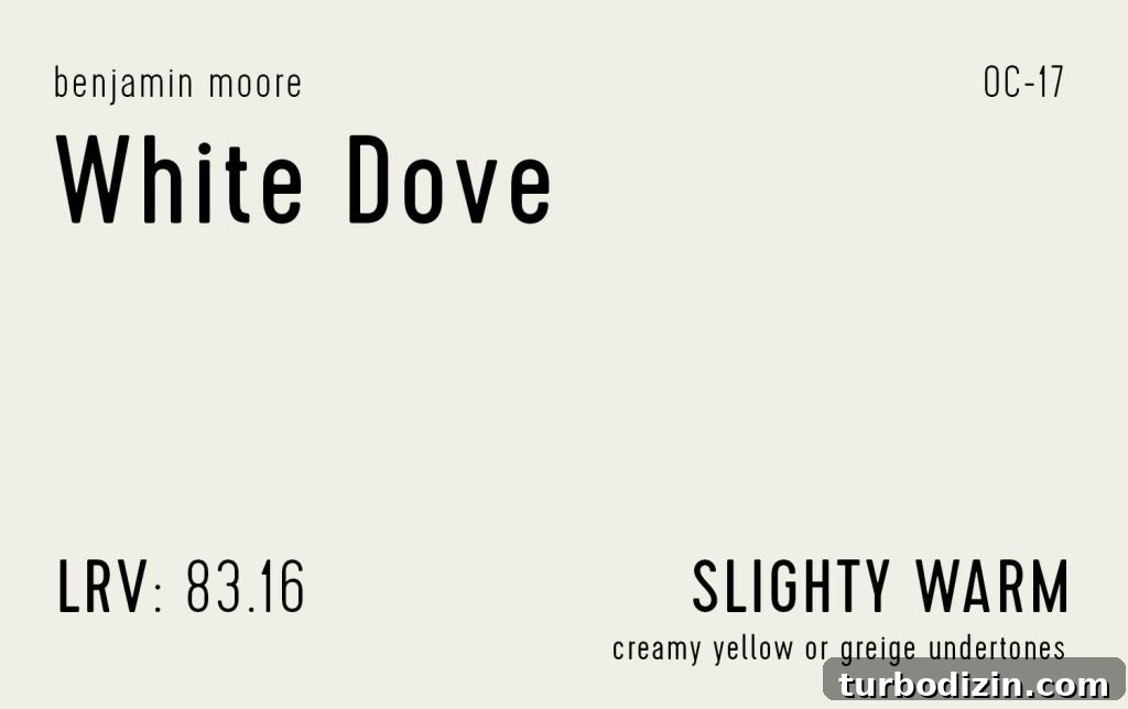 12 Expert-Recommended White Paint Colors for Every Room 12 Benjamin Moore White Dove Swatch With Paint Info LRV Undertone