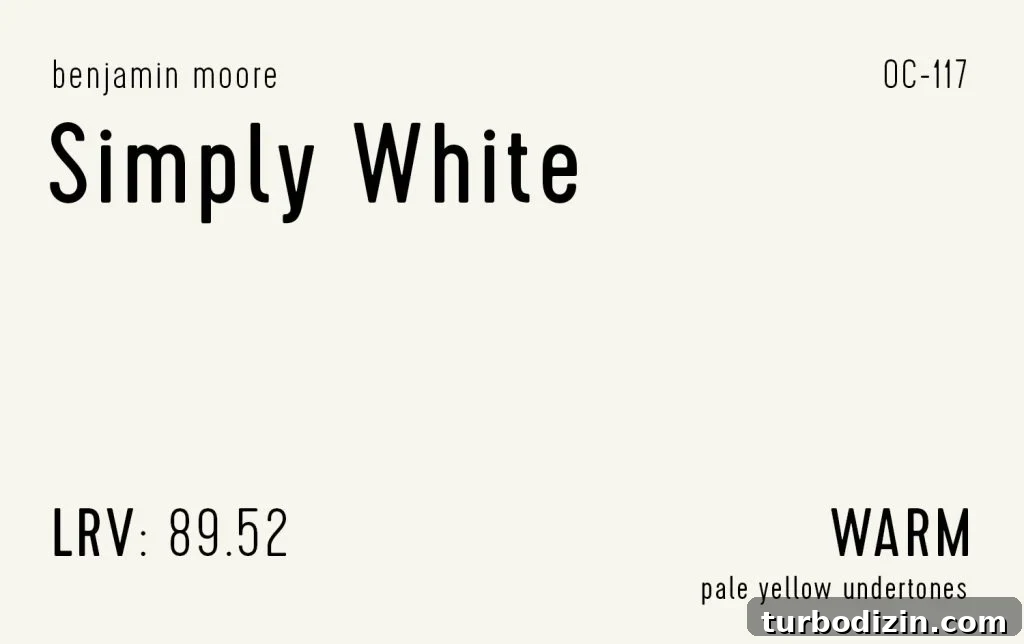 12 Expert-Recommended White Paint Colors for Every Room 13 Benjamin Moore Simply White Swatch With Paint Info LRV Undertone