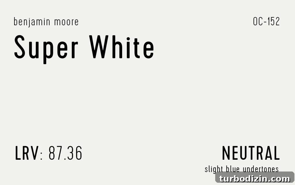 12 Expert-Recommended White Paint Colors for Every Room 17 Benjmain Moore Super White Swatch With Paint Info LRV Undertone