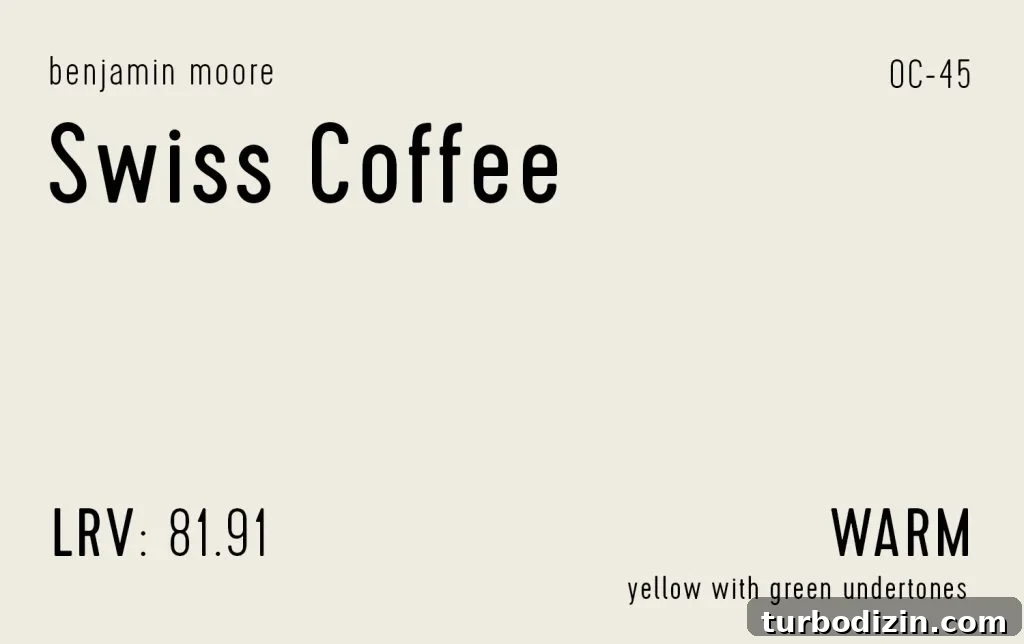 12 Expert-Recommended White Paint Colors for Every Room 20 Benjamin Moore Swiss Coffee Swatch With Paint Info LRV Undertone