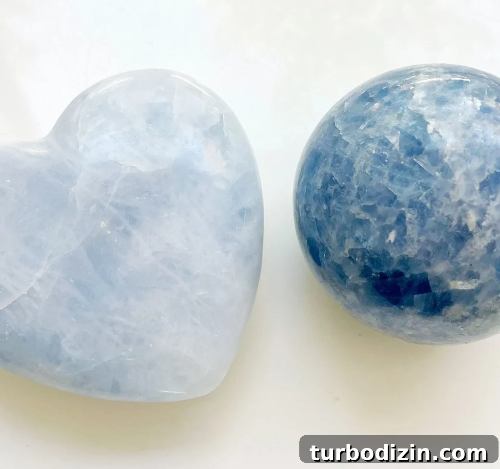 Blue Calcite Meaning and Properties: Uses, Healing & Care 2 Blue Calcite Crystal Heart And Polished Sphere