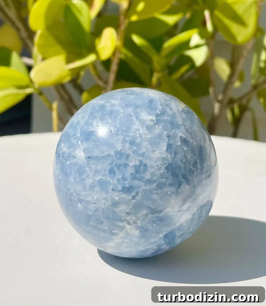 Blue Calcite Meaning and Properties: Uses, Healing & Care 4 Blue Calcite Sphere With Plant