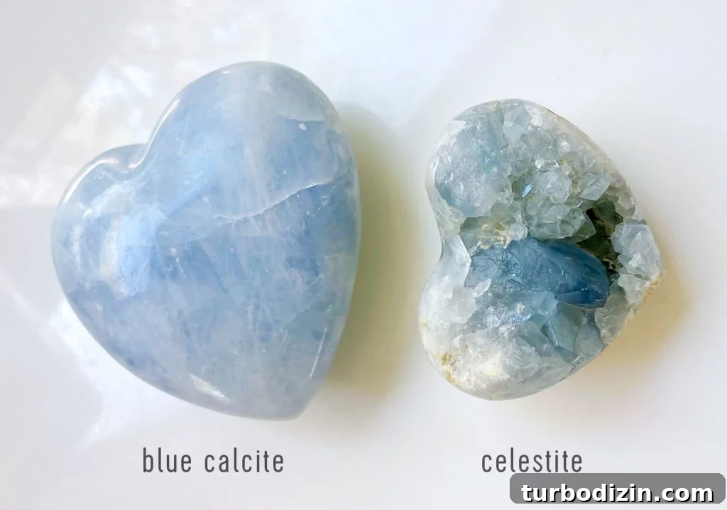 Blue Calcite Meaning and Properties: Uses, Healing & Care 5 Blue Calcite Vs Celestite Side By Side