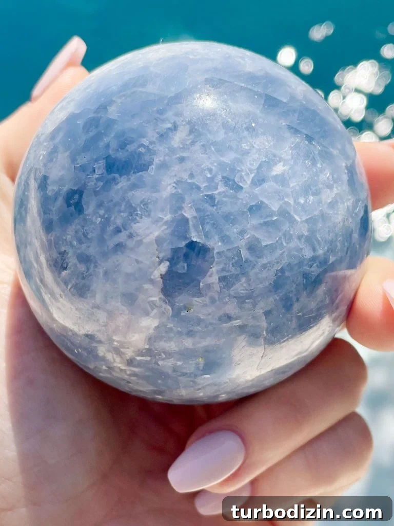 Blue Calcite Meaning and Properties: Uses, Healing & Care 6 Blue Calcite Crystal Sphere Over Water